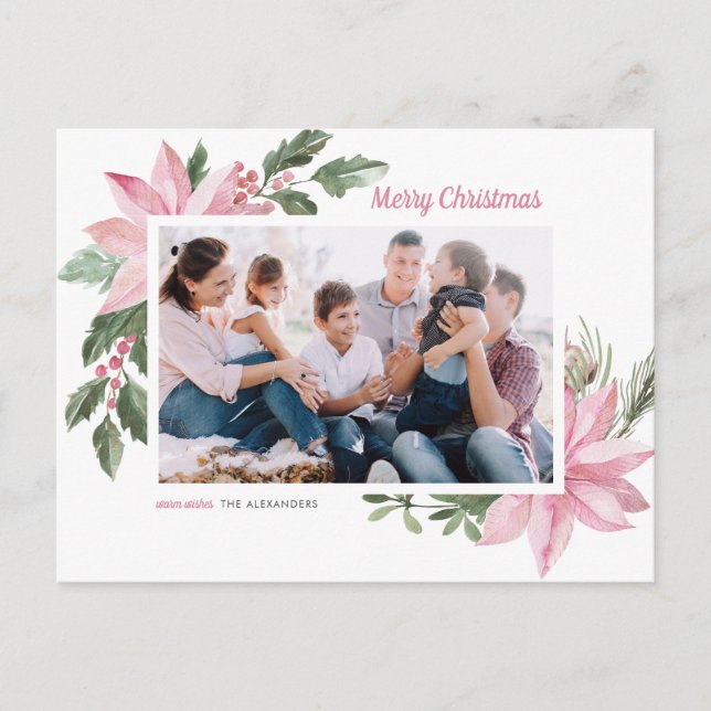 Pink Watercolor Poinsettia Frame Christmas Photo Holiday Postcard (Front)