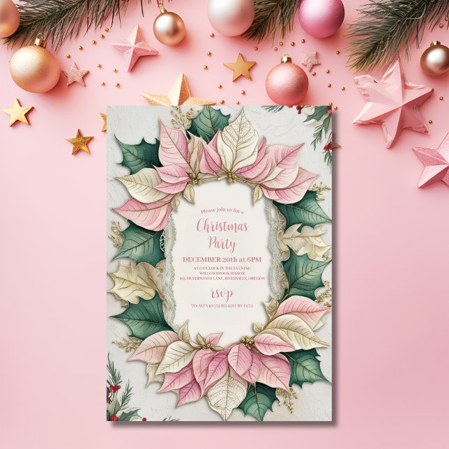 Pink Watercolor Poinsettia holly Christmas Party Invitation (Creator Uploaded)