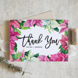 Pink Watercolor Poinsettias Christmas Wedding Thank You Card