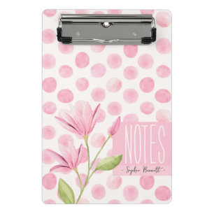 Pink Watercolor Polka Dots & Flowers Mini Clipboard