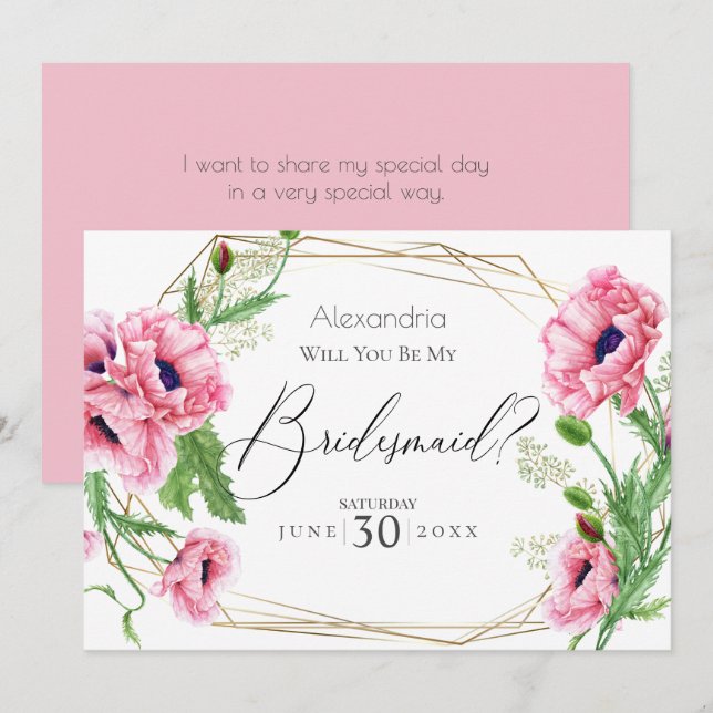 Pink Watercolor Poppies  Will You Be My Bridesmaid Invitation (Front/Back)