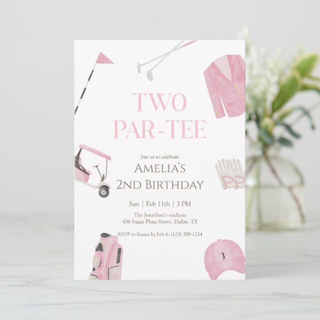 Pink Watercolor Preppy Golf Two Par-Tee Birthday Invitation (Standing Front)