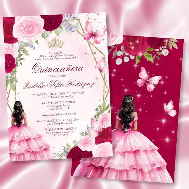 Pink Watercolor Princess Black Hair Quinceanera Invitation (Front/Back)