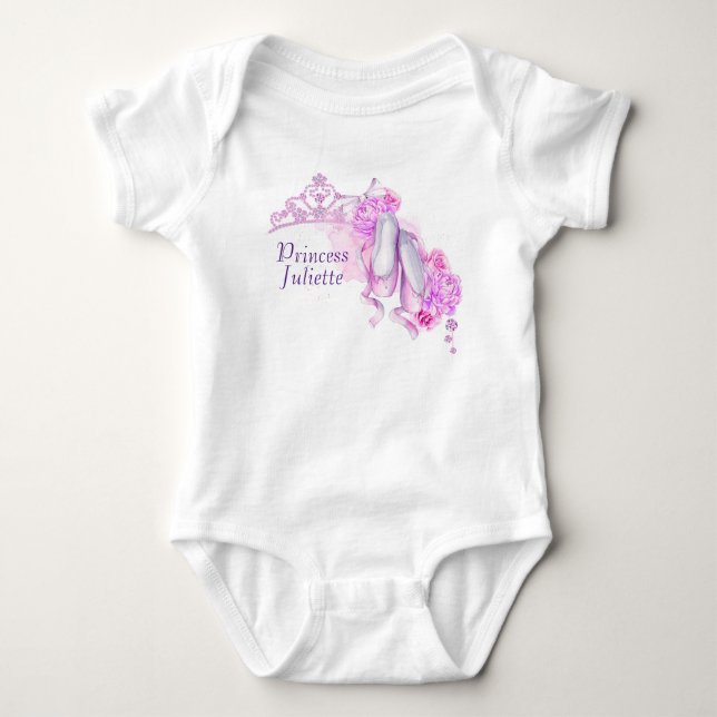 Pink Watercolor Princess Crown and Ballet Slippers Baby Bodysuit (Front)