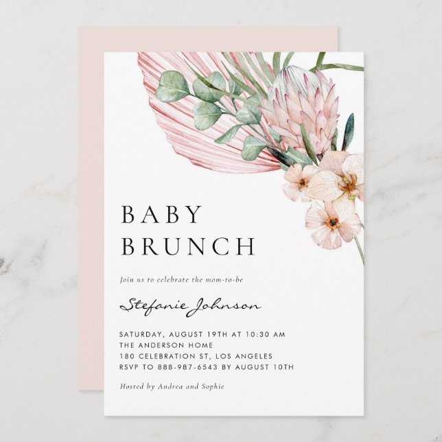 Pink Watercolor Protea Tropical Baby Brunch Invitation (Front/Back)