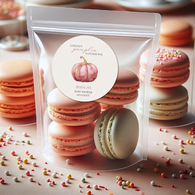 Pink Watercolor Pumpkin Baby Shower Classic Round Sticker (Pink Pumpkin Sticker)