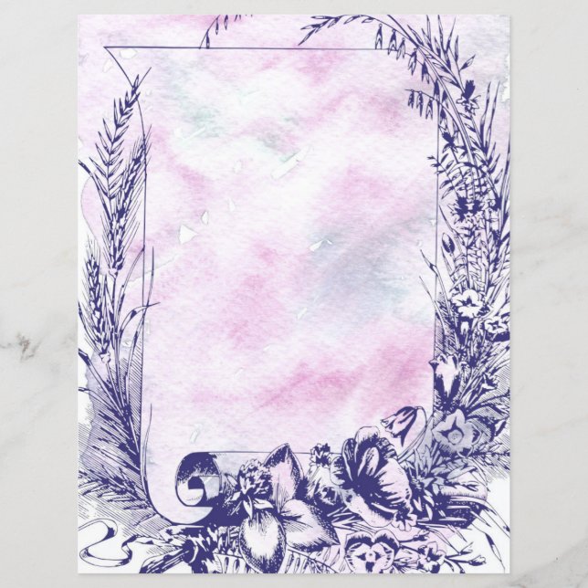 Pink Watercolor Purple Floral Scroll Frame Paper (Front)