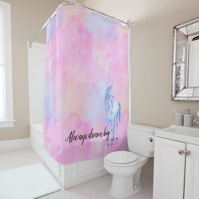Pink Watercolor Purple Unicorn Shower Curtain (In Situ)