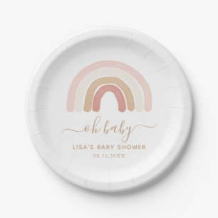 Pink Watercolor Rainbow Baby Shower Paper Plate