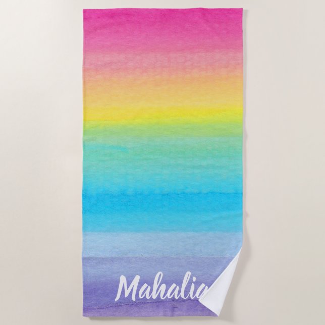 Pink Watercolor Rainbow Stripes Name Modern Style Beach Towel (Front)