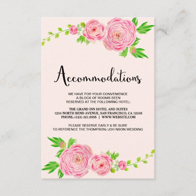 Pink Watercolor Ranunculus Accommodation Cards (Front)