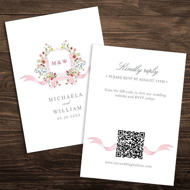 Pink Watercolor Regency Crest QR Online Wedding RSVP Card (Creator Uploaded)