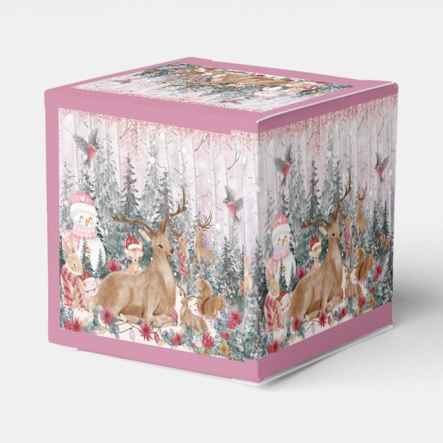 Pink Watercolor Reindeer, Snowman Merry Christmas Favour Box (Back Side)