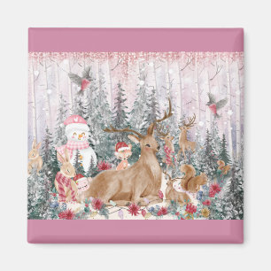 Pink Watercolor Reindeer, Snowman Merry Christmas Magnet