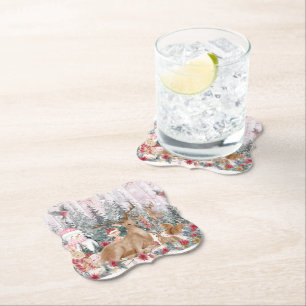 Pink Watercolor Reindeer, Snowman Merry Christmas Paper Coaster