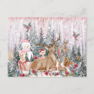 Pink Watercolor Reindeer, Snowman Merry Christmas Postcard