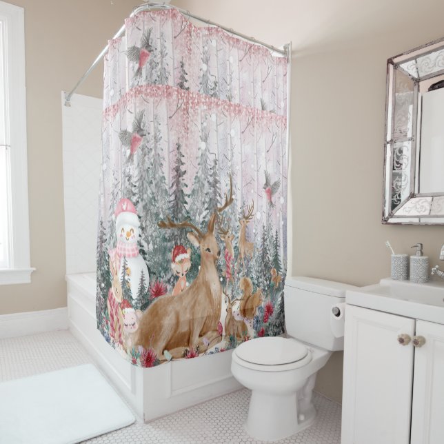 Pink Watercolor Reindeer, Snowman Merry Christmas Shower Curtain (In Situ)
