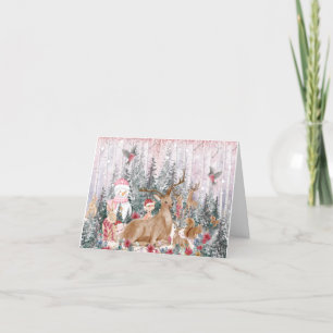 Pink Watercolor Reindeer, Snowman Merry Christmas Thank You Card