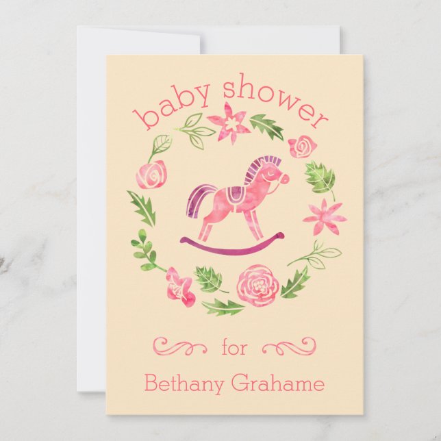 Pink Watercolor Rocking Horse Baby Shower Invitation (Front)