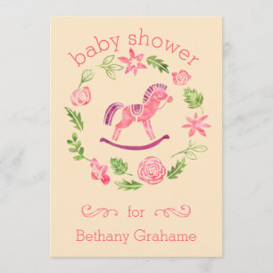 Pink Watercolor Rocking Horse Baby Shower Invitation