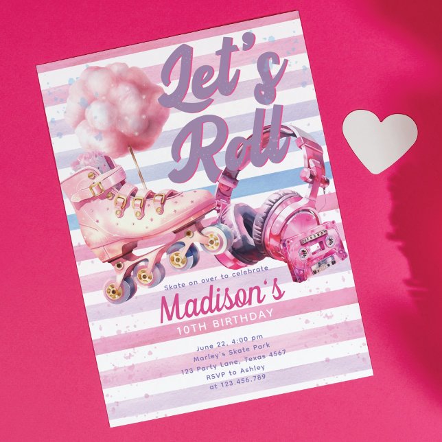 Pink Watercolor Roller Blade Birthday Invitation (Creator Uploaded)