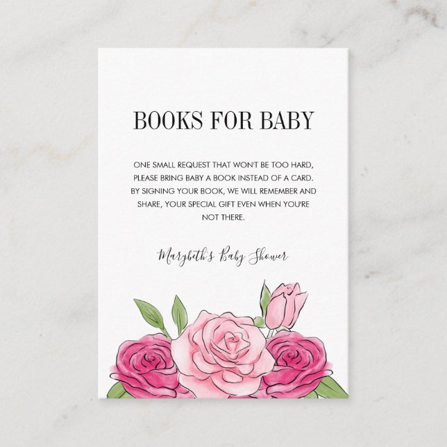 Pink Watercolor Rose Baby Shower Book Request Card (Front)