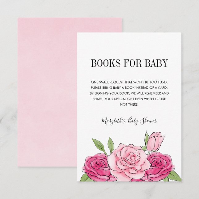 Pink Watercolor Rose Baby Shower Book Request Card (Front/Back)