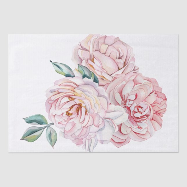 Pink Watercolor Rose Boho Flowers Tissue Paper (Front)