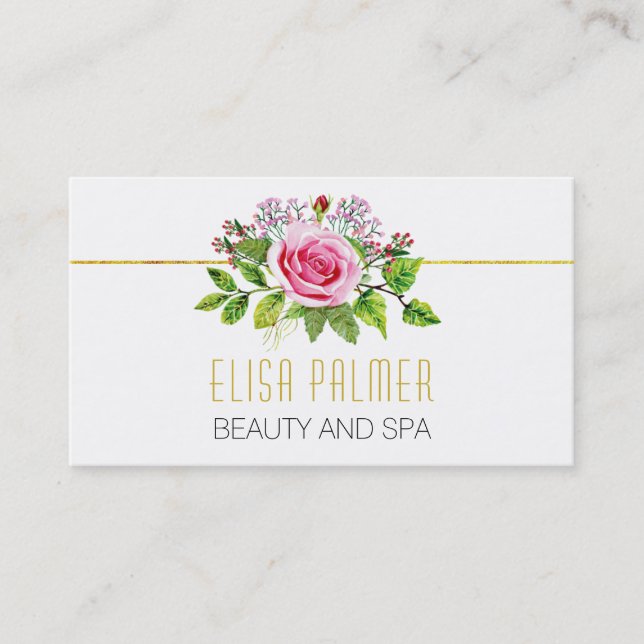 Pink watercolor rose bouquet floral business card (Front)