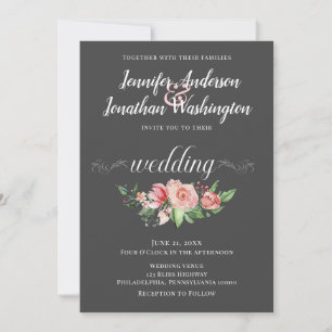 Pink Watercolor Rose Bouquet Traditional Wedding Announcement