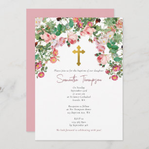Pink Watercolor Rose Flower Garden Girl Baptism Invitation