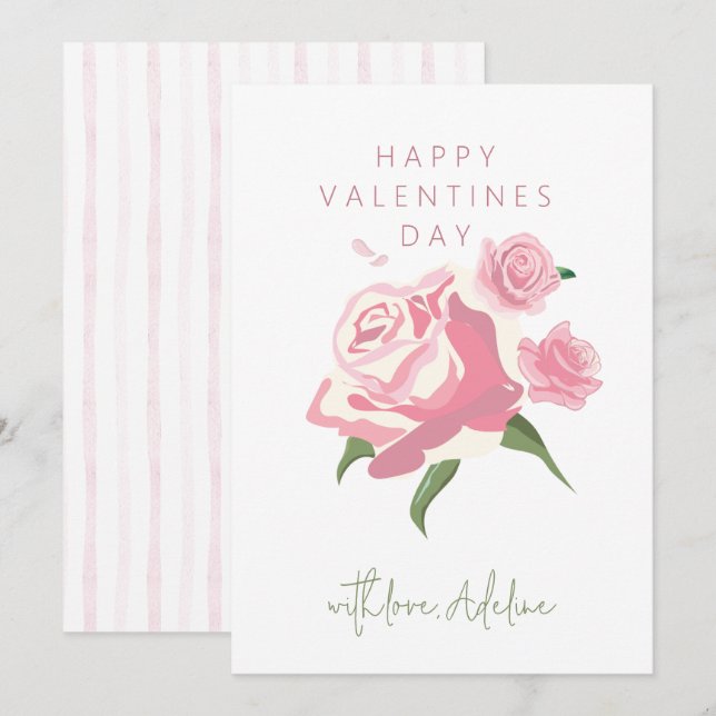 Pink Watercolor Rose Flower Valentines Day Holiday Card (Front/Back)