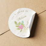 Pink watercolor rose gold script ampersand wedding classic round sticker<br><div class="desc">Elegant modern wedding couple round sticker / favour label or seal featuring a beautiful pastel pink and sage green watercolor flower against a pale yellow ivory background.          Personalise with the bride's and groom's names and your wedding details!</div>