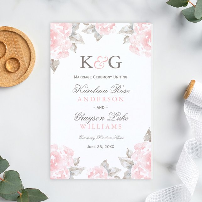 Pink Watercolor Rose Monogram Wedding Programs (Creator Uploaded)