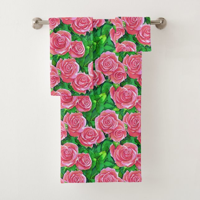 Pink Watercolor Rose Pattern Bath Towel Set (Insitu)