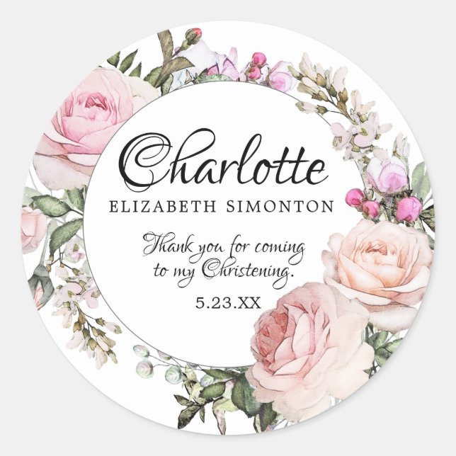Pink Watercolor Rose Personalised Christening Classic Round Sticker (Front)