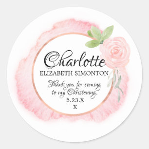 Pink Watercolor Rose Personalised Christening Classic Round Sticker
