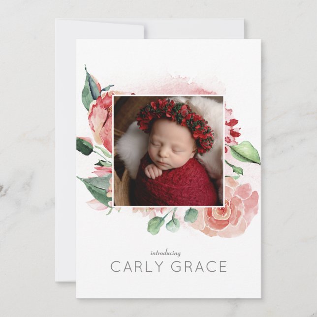 Pink Watercolor Rose Photo Collage Baby Girl Birth Announcement (Front)