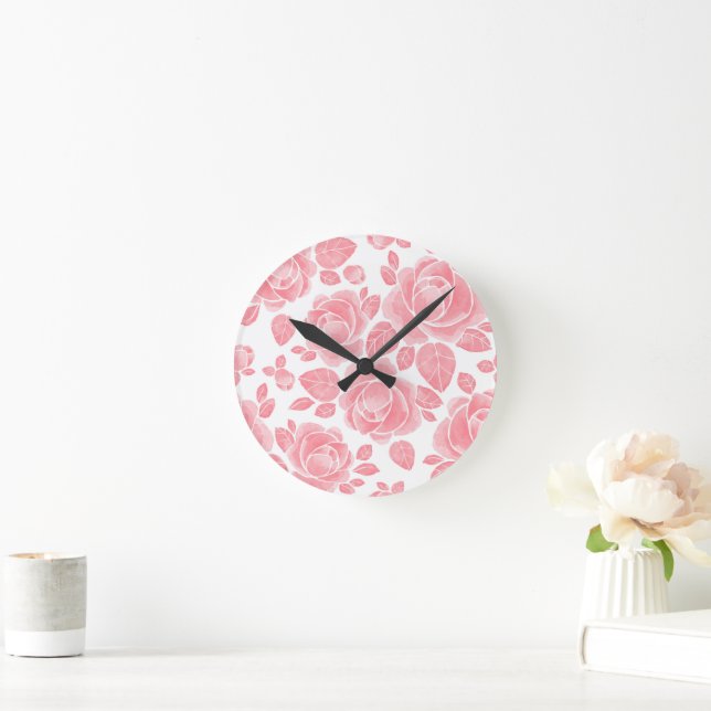 Pink Watercolor Rose - Romantic Floral Round Clock (Home)