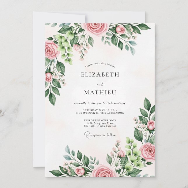 Pink Watercolor Rose Spring Wedding Invitation (Front)