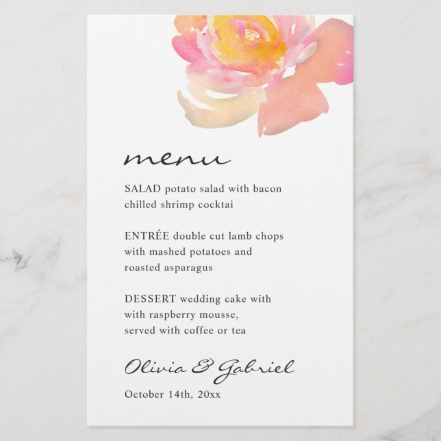 Pink watercolor rose. Stylish modern wedding menu (Front)