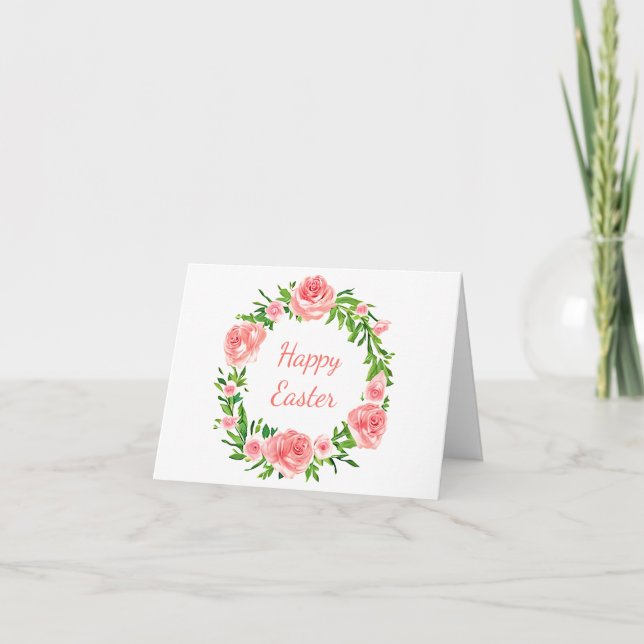 Pink watercolor rose wreath custom card (Front)
