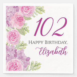 Pink Watercolor Roses 102nd Birthday Paper Napkin