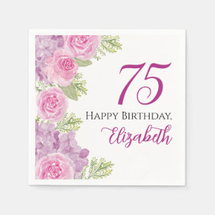 Pink Watercolor Roses 75th Birthday Paper Napkin