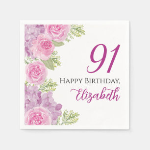 Pink Watercolor Roses 91st Birthday Paper Napkin