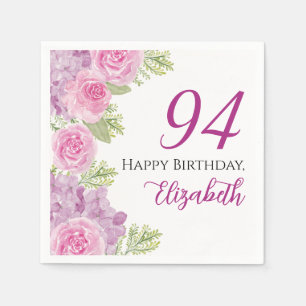 Pink Watercolor Roses 94th Birthday Paper Napkin