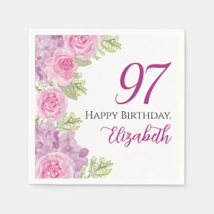 Pink Watercolor Roses 97th Birthday Paper Napkin