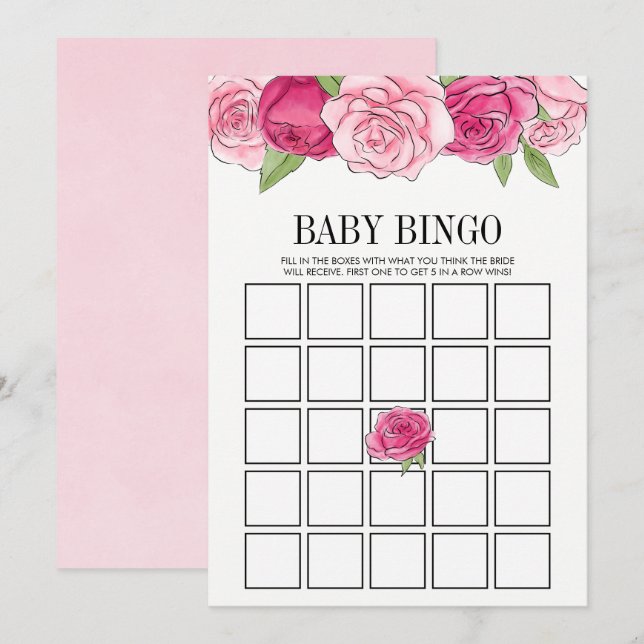 Pink Watercolor Roses Baby Shower Bingo Game Card (Front/Back)