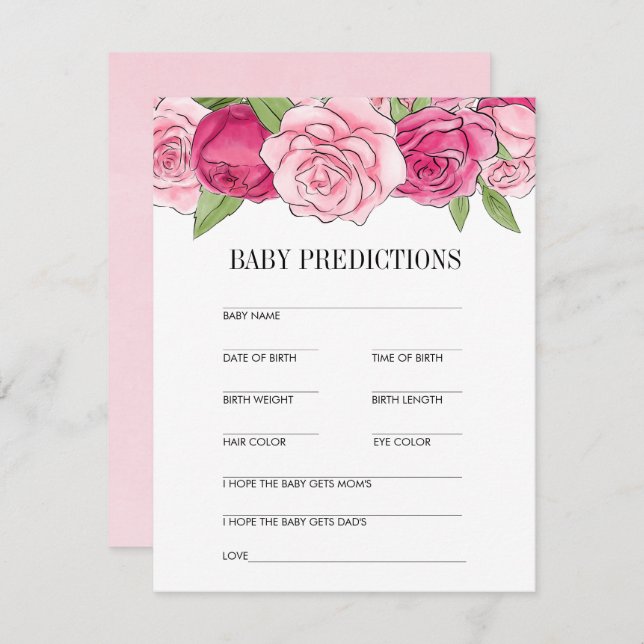 Pink Watercolor Roses Baby Shower Prediction Invitation (Front/Back)