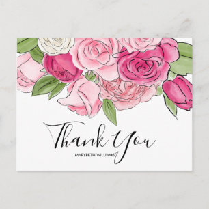 Pink Watercolor Roses Baby Shower Thank You Postcard